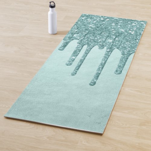 Dripping Mint Glitter  Aqua Teal Melting Pour Yoga Mat