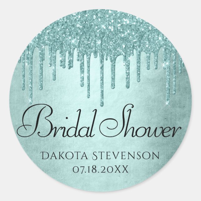 Dripping Mint Glitter | Aqua Teal Melting Shower Classic Round Sticker (Front)