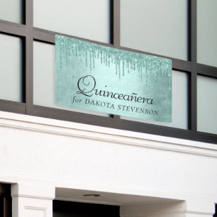 Dripping Mint Glitter Aqua Teal Pour Quinceanera Banner