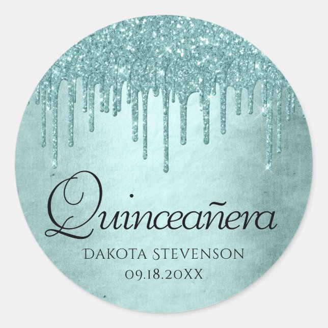 Dripping Mint Glitter | Aqua Teal Pour Quinceanera Classic Round Sticker (Front)