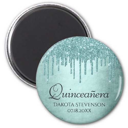 Dripping Mint Glitter  Aqua Teal Pour Quinceanera Magnet