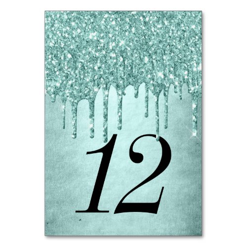 Dripping Mint Glitter  Aqua Teal Pour Quinceanera Table Number