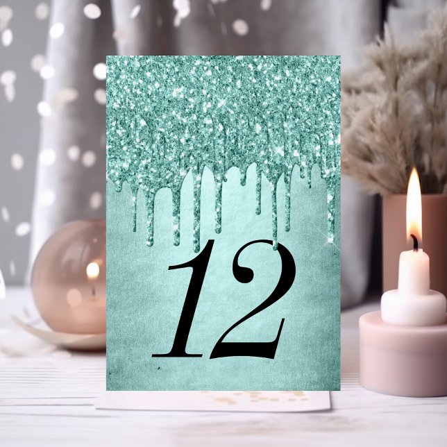 Dripping Mint Glitter | Aqua Teal Pour Quinceanera Table Number (Creator Uploaded)