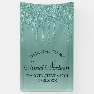 Dripping Mint Glitter Aqua Teal Sweet Sixteen Banner