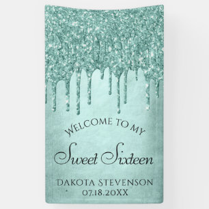 Dripping Mint Glitter Aqua Teal Sweet Sixteen Banner