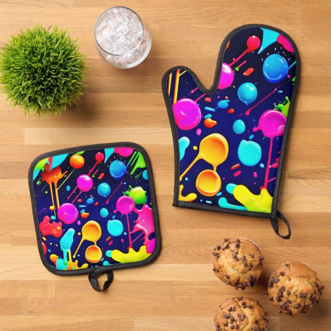 Dripping Neon Ink Aesthetic Oven Mitt & Pot Holder Set (Top Down)