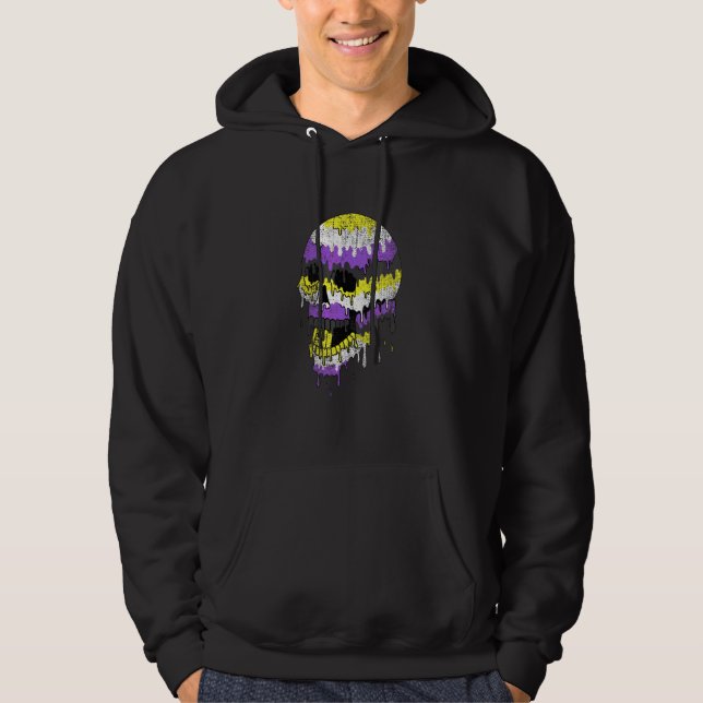 Dripping Nonbinary Pride Skull Nonbinary Vintage Hoodie (Front)