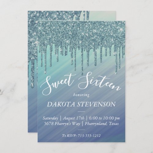 Dripping Ombre  Green and Blue Sparkle Sweet 16 Invitation