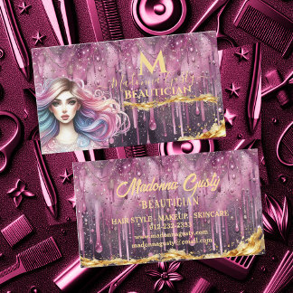 Dripping Pastel Magenta Gold Monogram Beautician Business Card