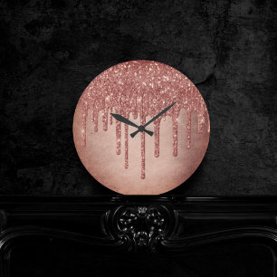 Dripping Peach Glitter Terra Cotta Coral Orange Round Clock