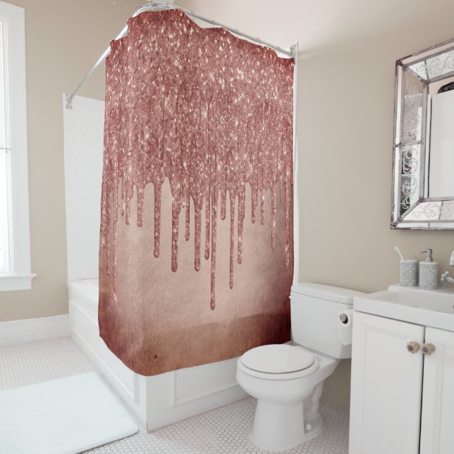 Dripping Peach Glitter | Terra Cotta Coral Orange Shower Curtain (In Situ)