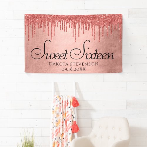 Dripping Peach Glitter  Terra Cotta Sweet Sixteen Banner