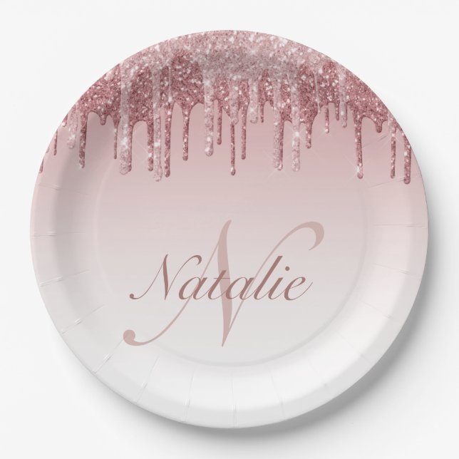 dripping pink and rose gold sparkling glitter paper plates (Front)