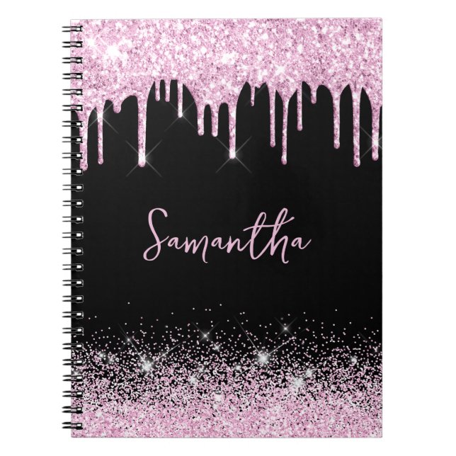 Dripping Pink Black Glitter Glam Name Notebook (Front)