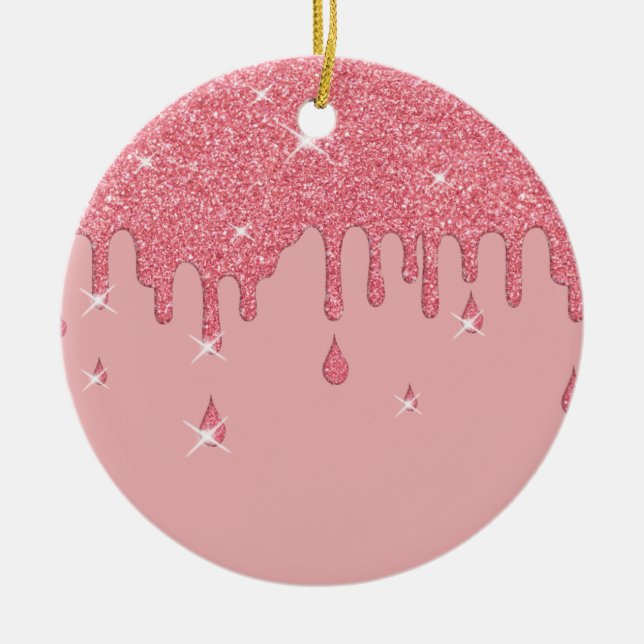 Dripping Pink Glitter Effect & Sparkles Ceramic Ornament (Front)
