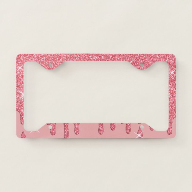 Dripping Pink Glitter Effect & Sparkles License Plate Frame (Front)