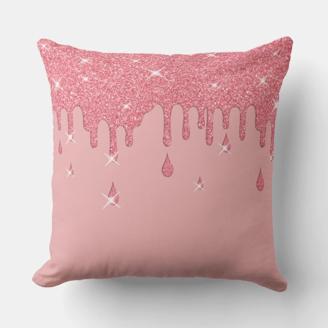 Dripping Pink Glitter Effect & Sparkles Throw Pillow (Front)