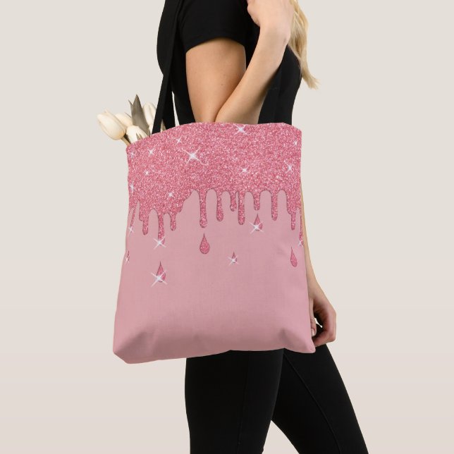 Dripping Pink Glitter Effect & Sparkles Tote Bag (Close Up)