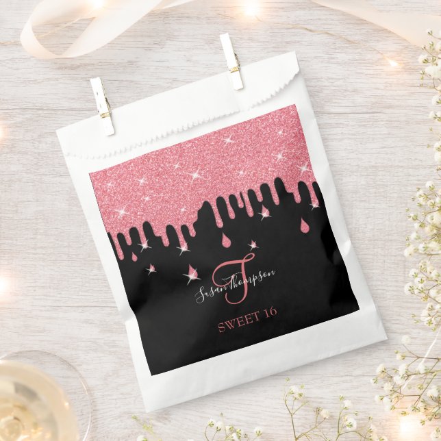 Dripping Pink Glitter Sparkles Girly Sweet 16 Favor Bag (Clipped)