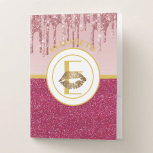 Dripping Pink Rose Gold Glitter Lips Monogram Girl Pocket Folder