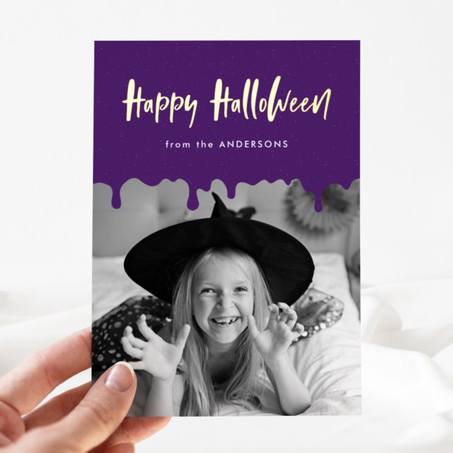 Dripping Purple Blood Photo Halloween Foil Holiday Card (Creator Uploaded)