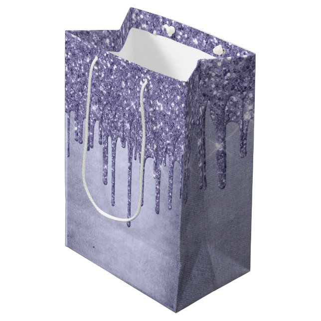 Dripping Purple Glitter | Chic Lavender Icing Pour Medium Gift Bag (Front Angled)
