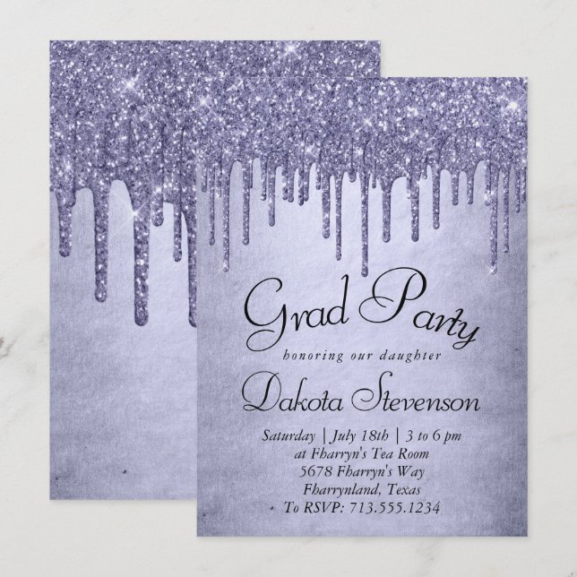 Dripping Purple Glitter | Lavender Pour Graduation Invitation (Front/Back)