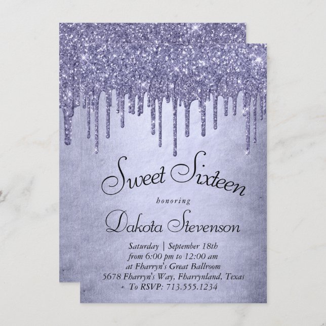 Dripping Purple Glitter | Lavender Sweet Sixteen Invitation (Front/Back)