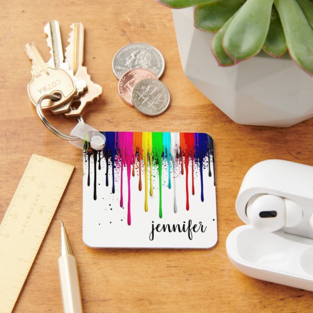 Dripping Rainbow Paint Monogram  Keychain (Desk)