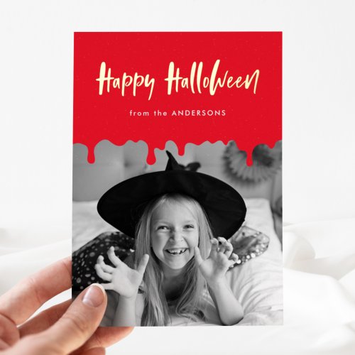 Dripping Red Blood Photo Halloween Foil Holiday Card