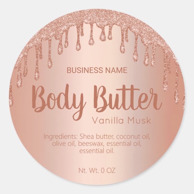Dripping Rose Gold FAUX Glitter Body Butter Labels (Front)