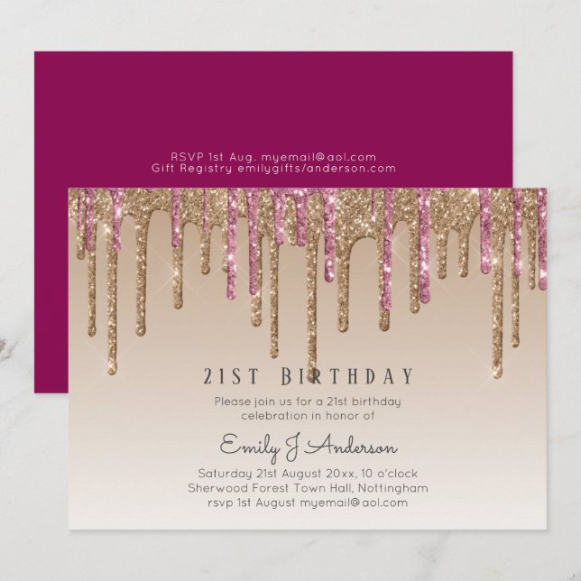 Dripping Rose Gold Glitter 21st BIRTHDAY Pink Invitation (Front/Back)