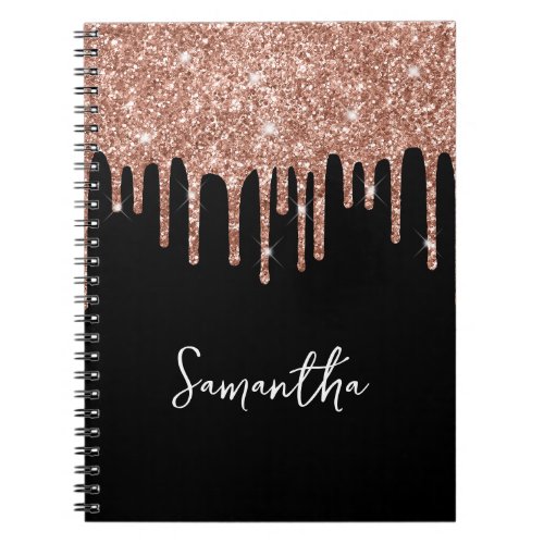 Dripping Rose Gold Glitter Black Name Notebook