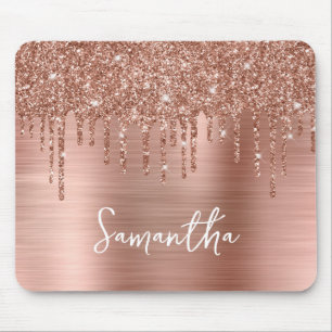 Dripping Rose Gold Glitter Glam Name Mouse Pad