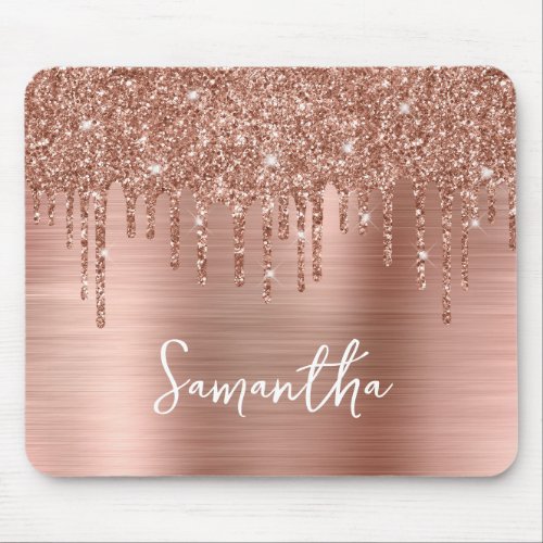 Dripping Rose Gold Glitter Glam Name Mouse Pad