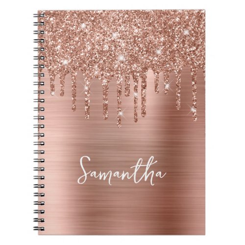 Dripping Rose Gold Glitter Glam Name Notebook