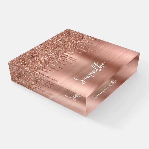 Dripping Rose Gold Glitter Glam Name Paperweight