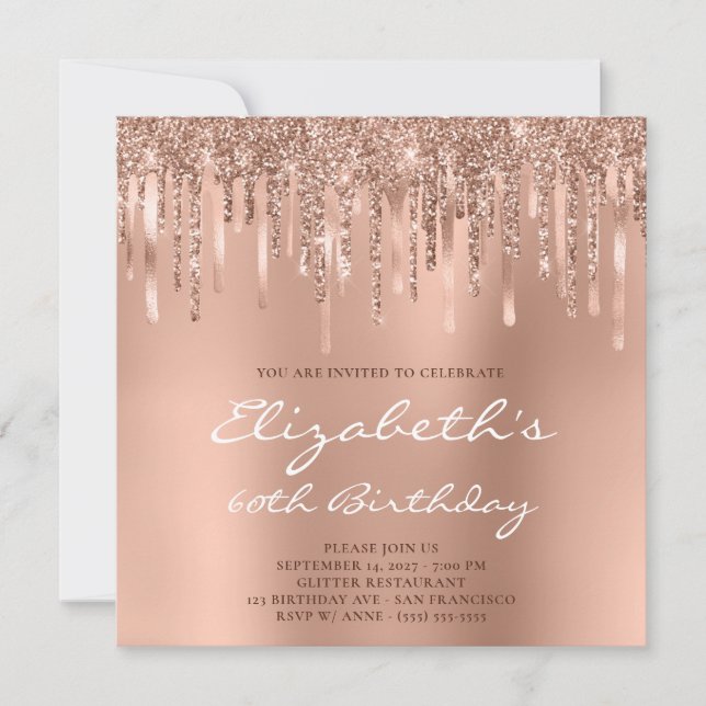 Dripping Rose Gold Glitter Ombre 60th Birthday Invitation (Front)