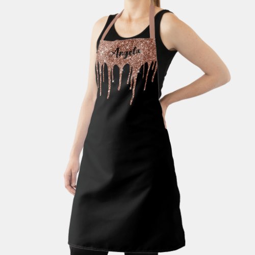 Dripping Rose Gold Glitter Personalized Black L Apron