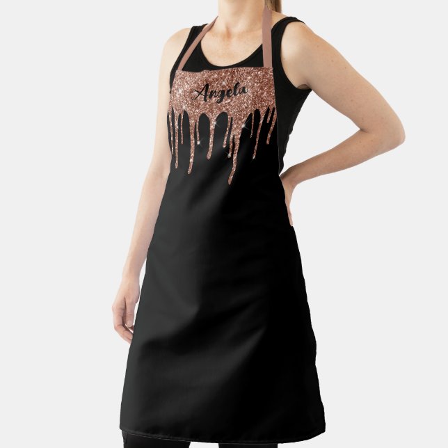 Dripping Rose Gold Glitter Personalized Black L Apron (Insitu)
