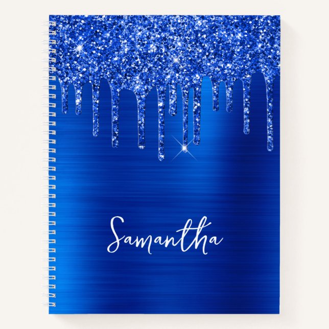 Dripping Royal Blue Glitter Glam Name Notebook (Front)