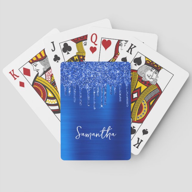 Dripping Royal Blue Glitter Glam Name Poker Cards (Back)