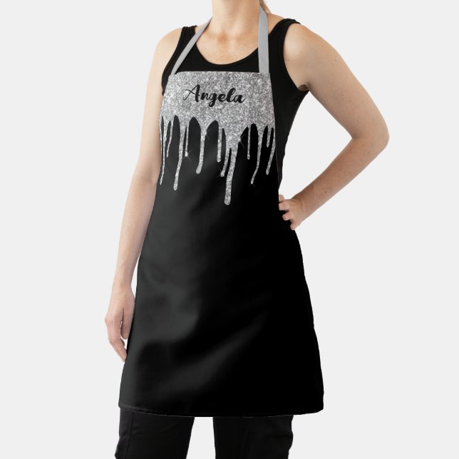 Dripping Silver Glitter Black Personalized M Apron (Insitu)