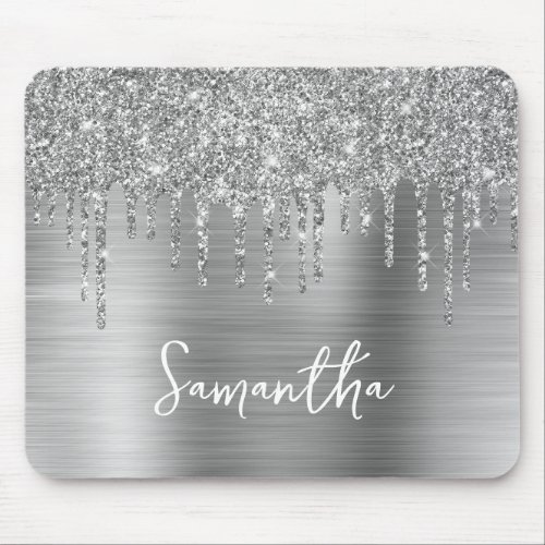 Dripping Silver Glitter Glam Name Mouse Pad