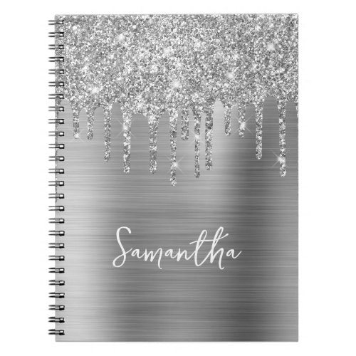 Dripping Silver Glitter Glam Name Notebook