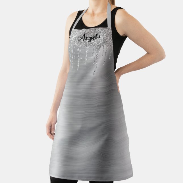 Dripping Silver Glitter Glam Personalized L Apron (Insitu)