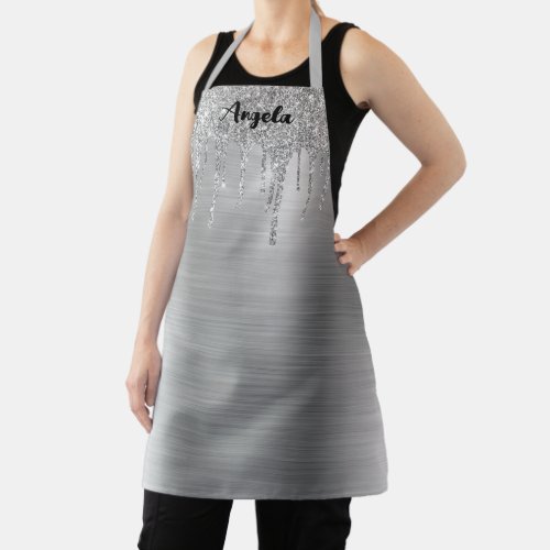 Dripping Silver Glitter Glam Personalized M Apron