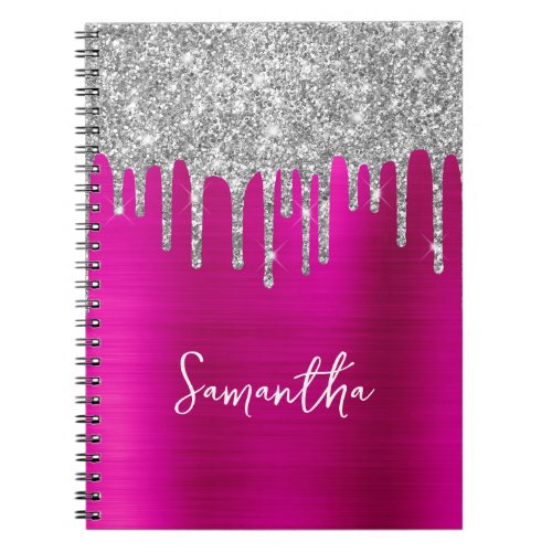 Dripping Silver Glitter Hot Pink Glam Name Notebook