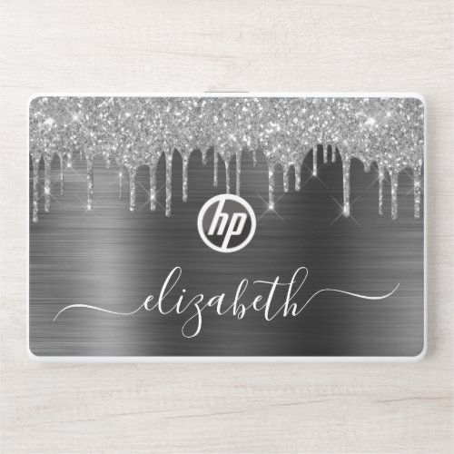 Dripping Silver Glitter Personalized Black HP Laptop Skin