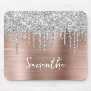 Dripping Silver Glitter Rose Gold Glam Mouse Pad